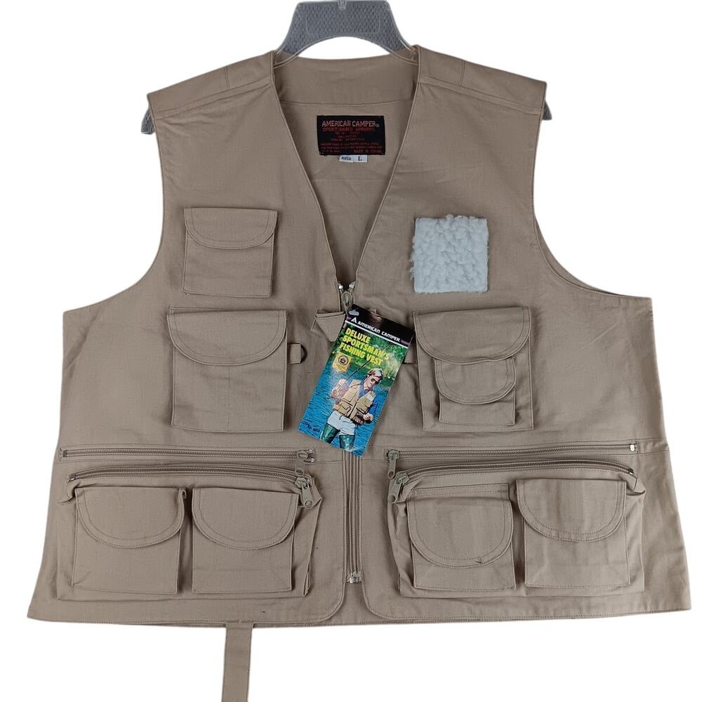 Vintage American Camper Deluxe Sportsman Fishing Hunting Vest L Tan Canvas Hunt‎